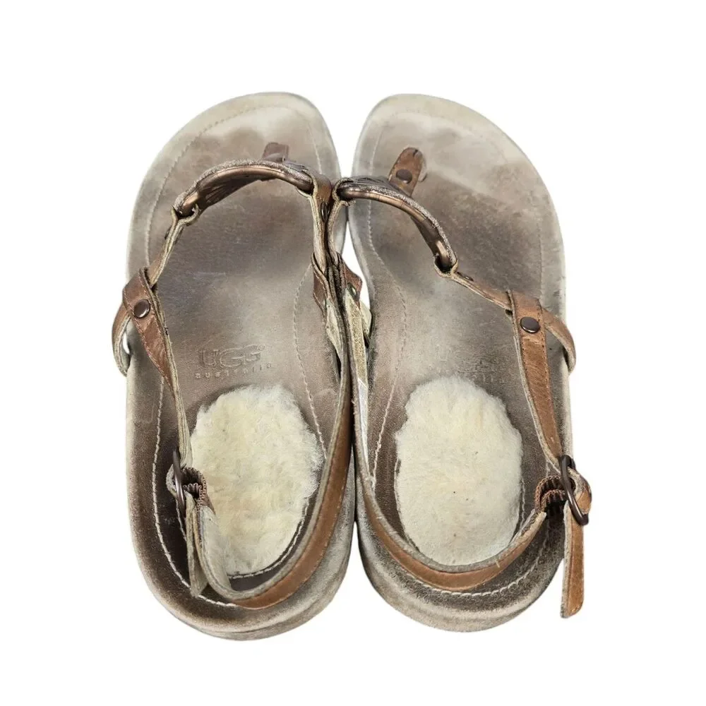 UGG T Strap Medallion Sandals Women's Sz 8 Bronze Brown Ankle Strap Fur Heel